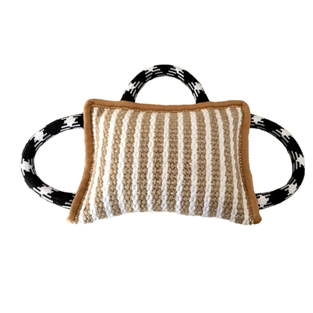 Dog rope tug toy with jute bite pillow and three handles in multiple colour options