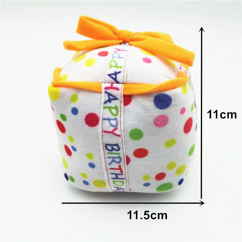 Four-piece dog birthday cake plush toy set including big cake, small cake, gift box, and bone on white background