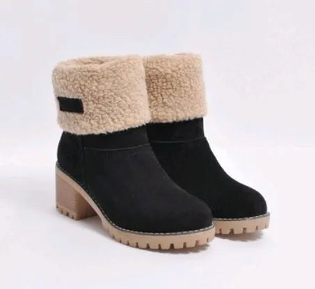Women's chunky heel mid-calf suede snow boots in green, shown on a foot.