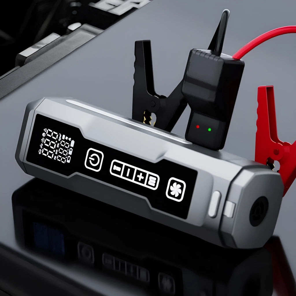 Wireless inflator with power bank showing 4-in-1 car vacuum and air pump with LED light