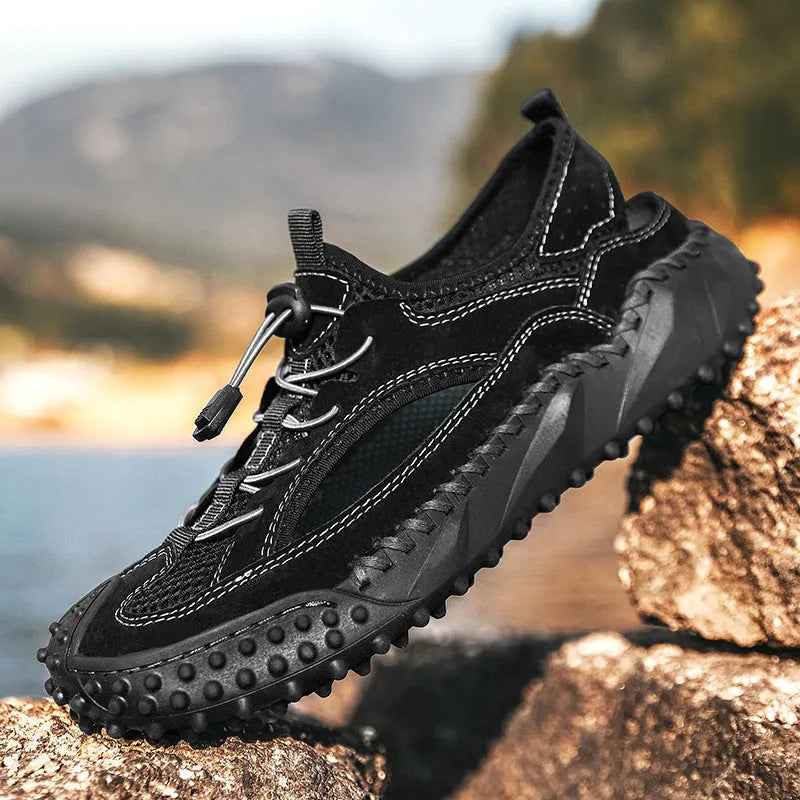 Men's black leather mesh waterproof sports sandals with a rubber sole and elastic band.