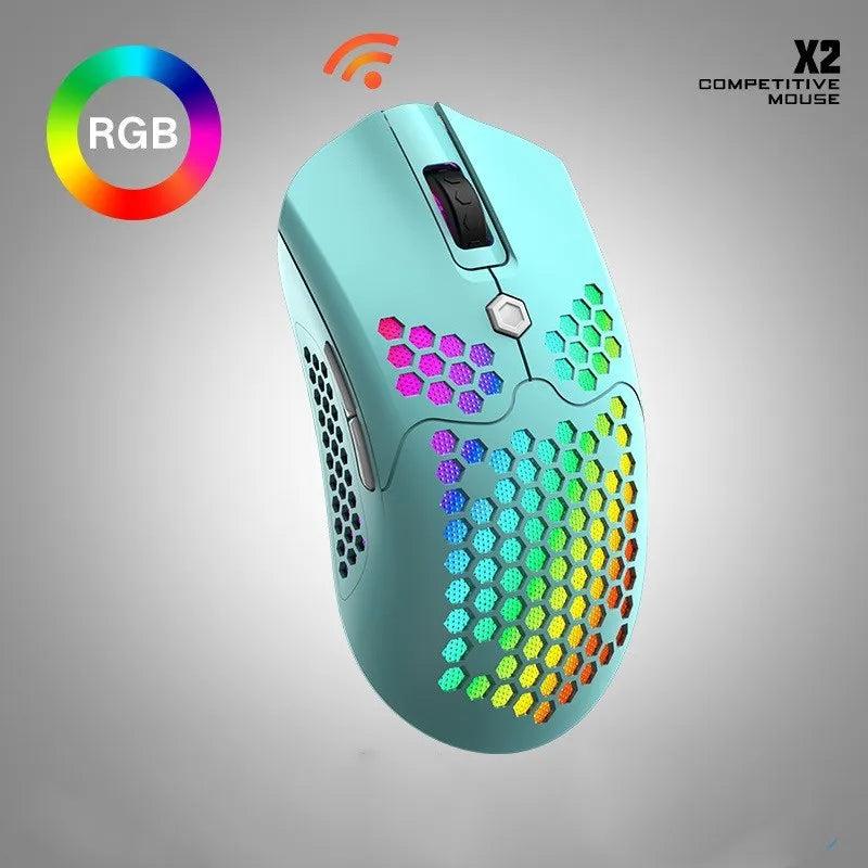 Free Wolf X2 wireless gaming mouse in black with RGB lighting lit, shown next to its USB-C cable and nano receiver.