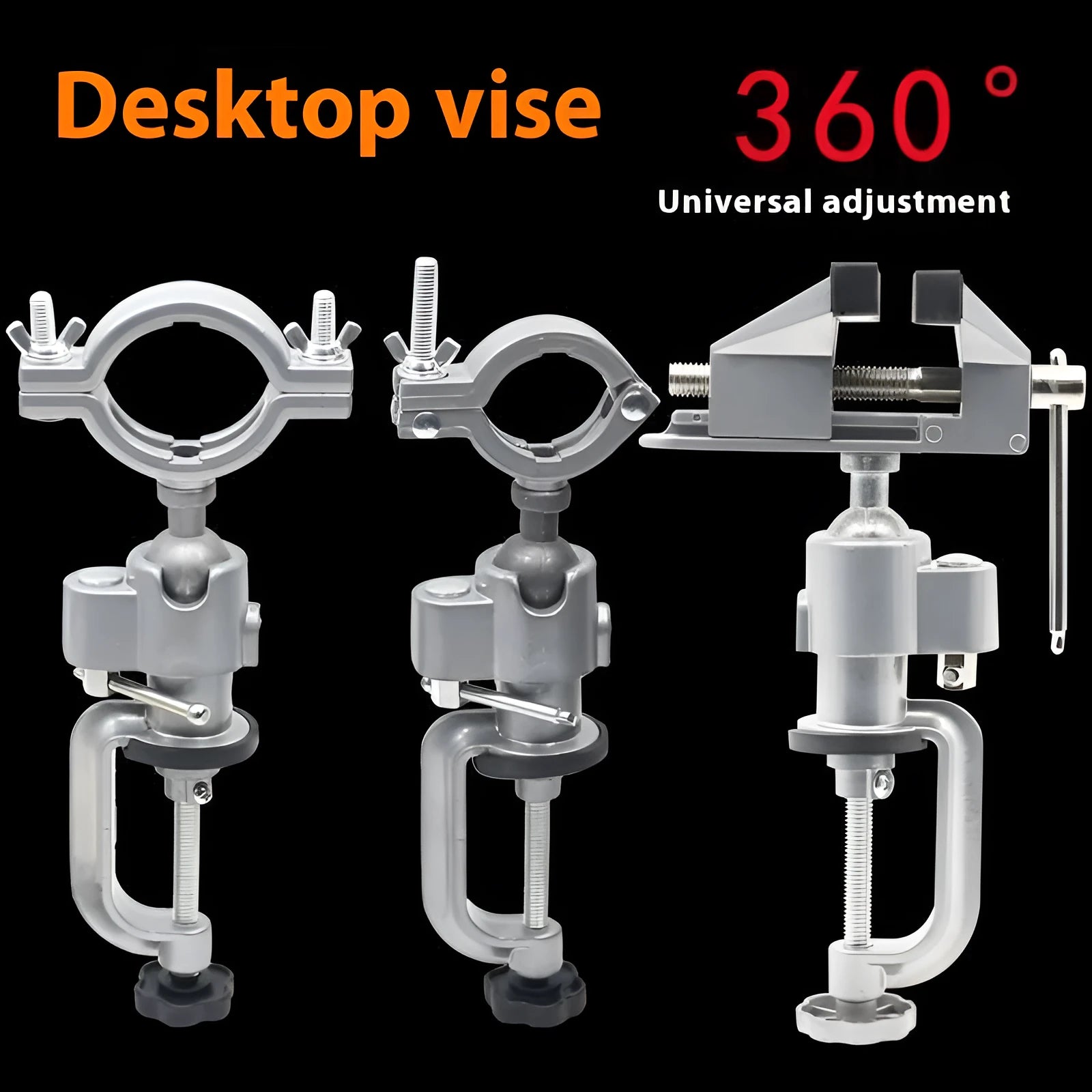 Bracket type clamp-on bench vise with 360-degree rotating head on a workbench