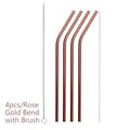 Set of four reusable stainless steel straws and a cleaning brush in silver, gold, rose gold, and blue colours.