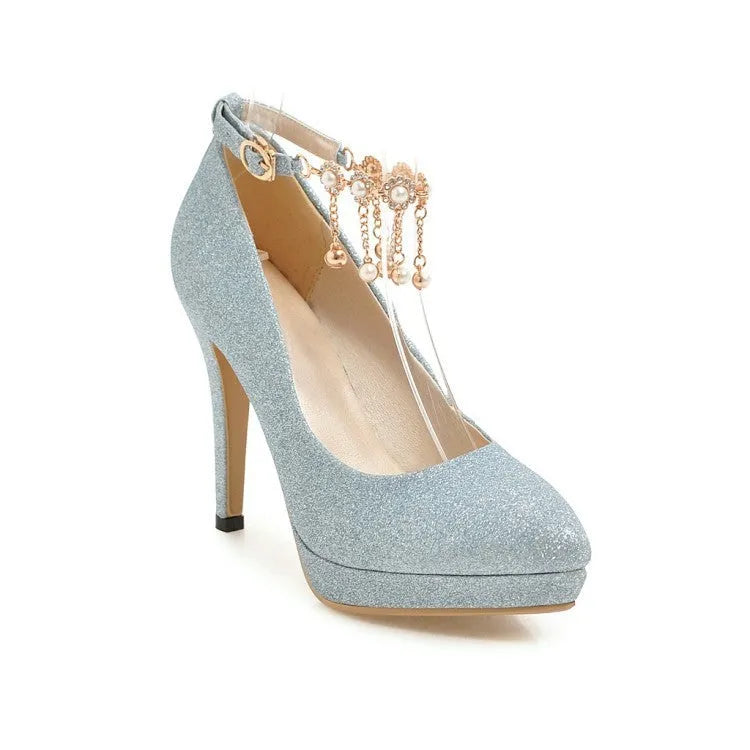 Women's blue platform stiletto high heels with pointed toe and special fabric upper.
