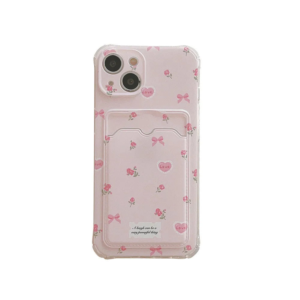 Small broken flower phone case with card holder slot, pink full-screen floral design, TPU material, for iPhone