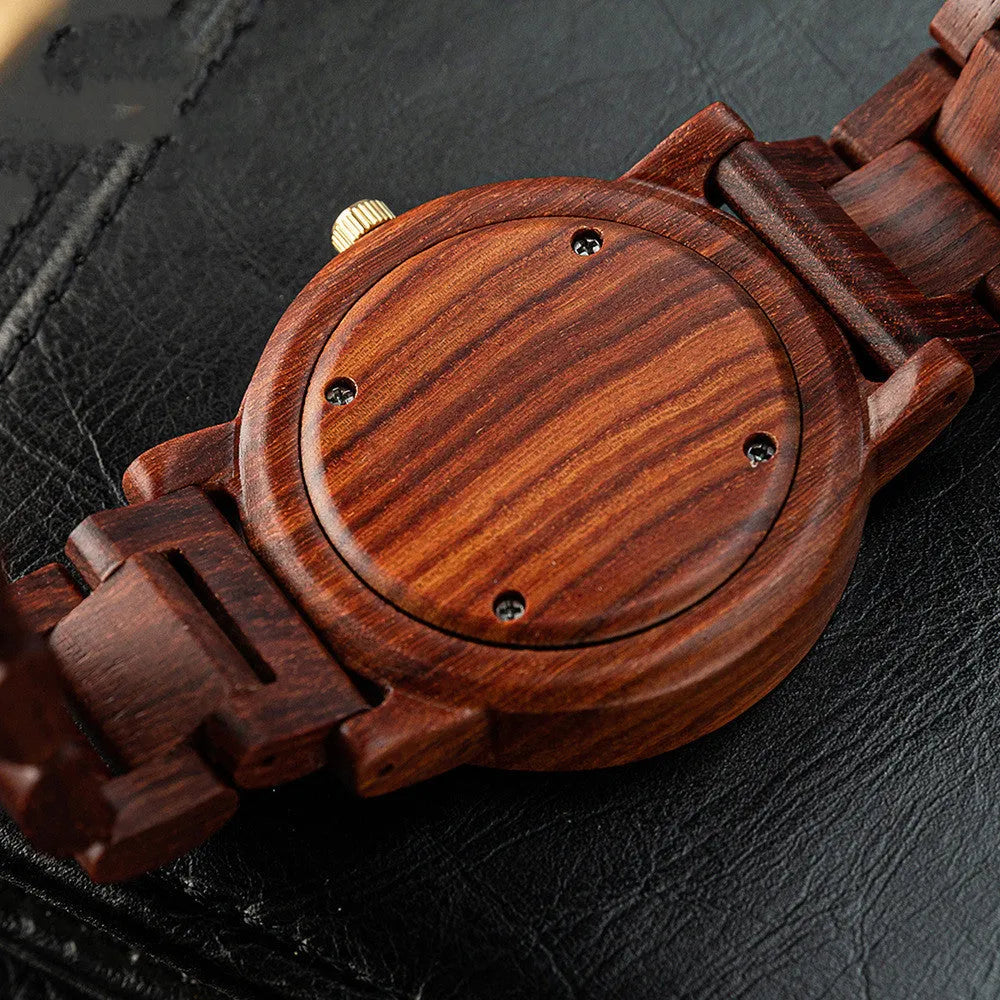 45mm wooden quartz watch with sandalwood strap, pointer display, 11mm thick, daily waterproof, casual style