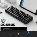 RK 61 white wireless mechanical keyboard with compact 60% layout shown with its USB cable and carrying belt.
