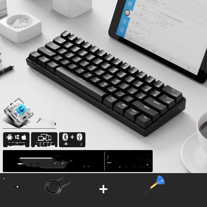 RK 61 white wireless mechanical keyboard with compact 60% layout shown with its USB cable and carrying belt.