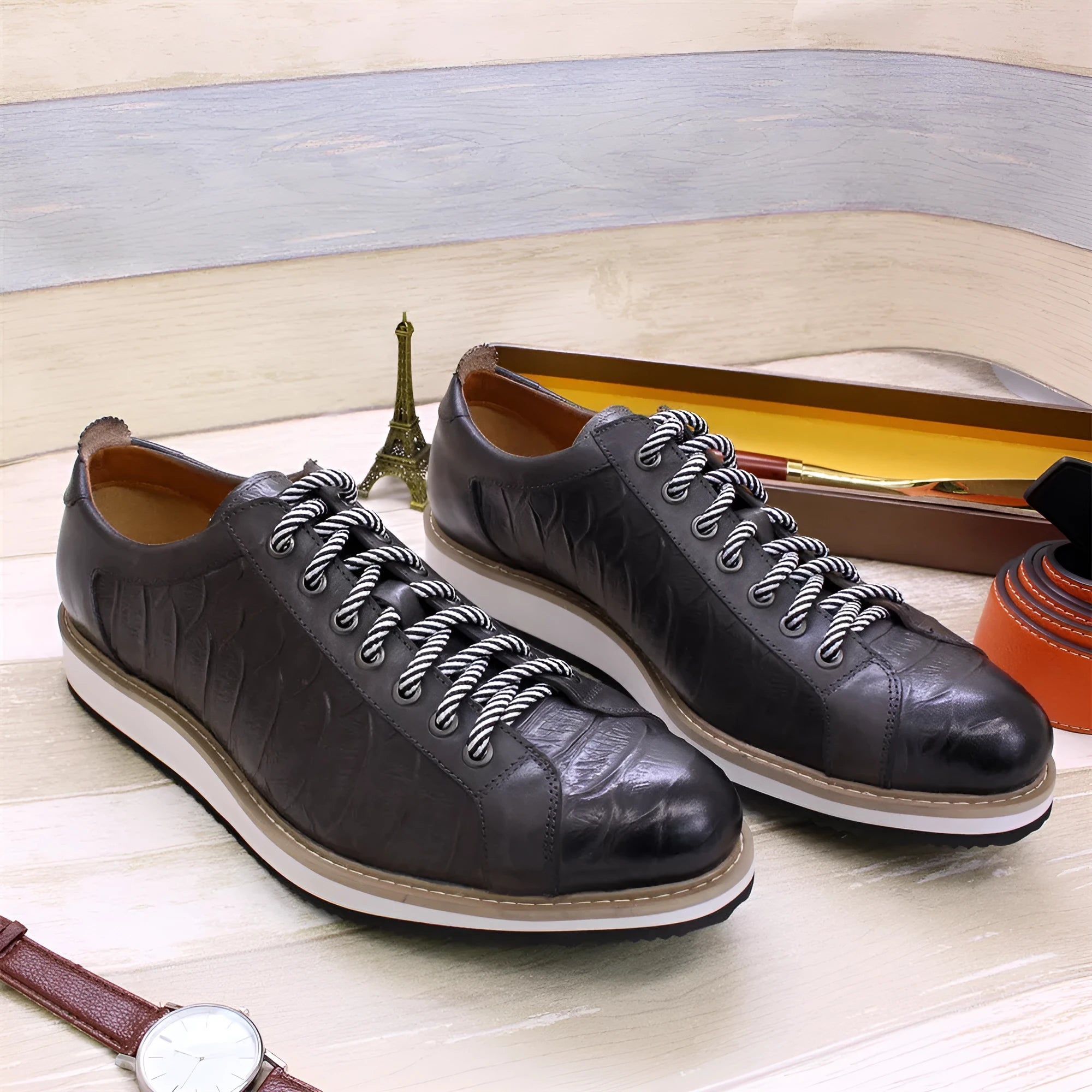 Men's low-top handmade shoes with embossed pattern, front laces, in black, green, white, or grey.