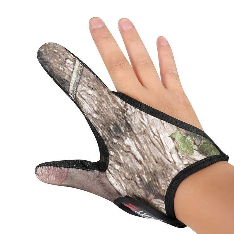 A single two-finger fishing glove in black, showing the diving cloth back and microfiber palm material.
