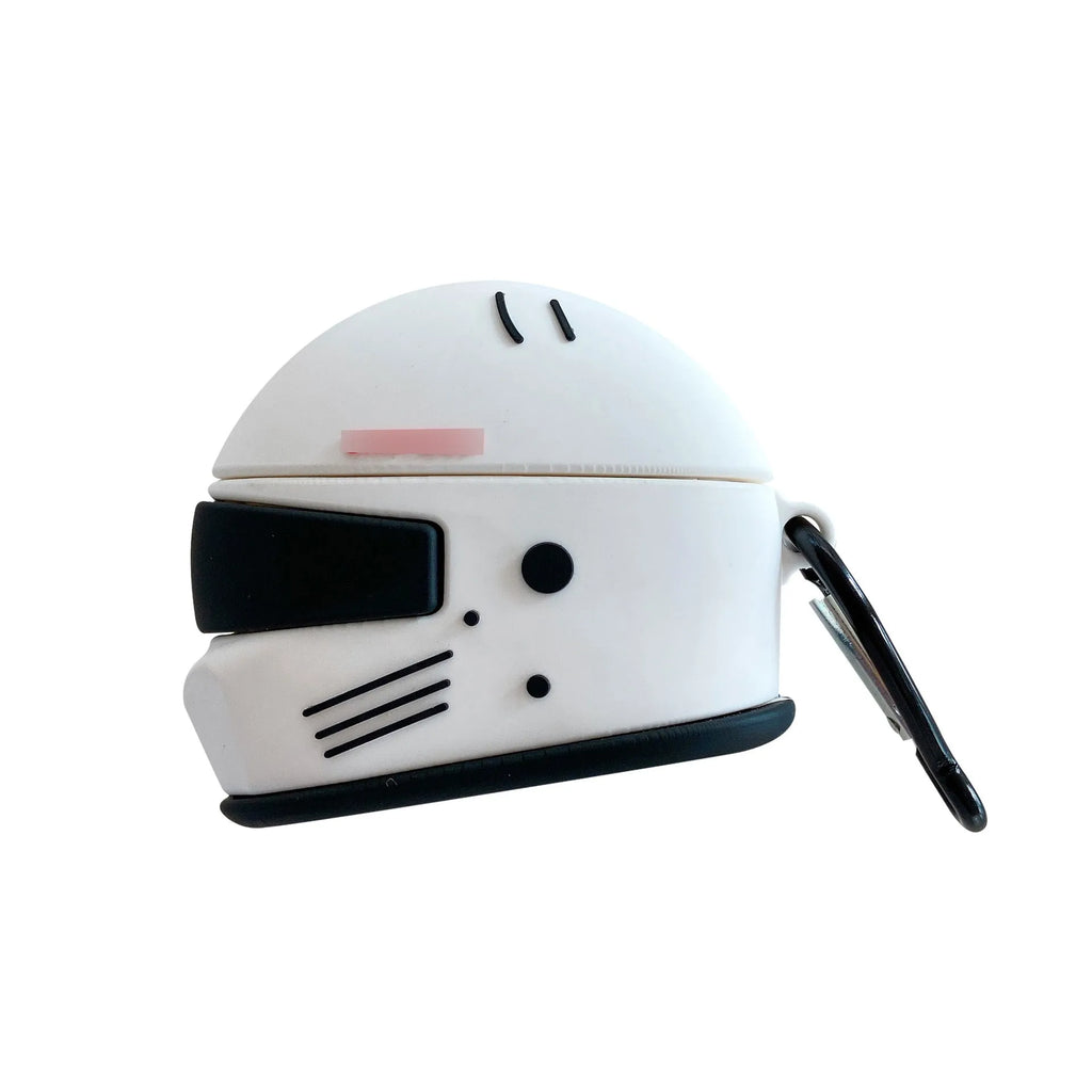 Silicone AirPods cover with motorcycle helmet shape, carabiner, and geometrical pattern, for AirPods Pro and AirPods 1/2.