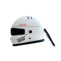 Silicone AirPods cover with motorcycle helmet shape, carabiner, and geometrical pattern, for AirPods Pro and AirPods 1/2.