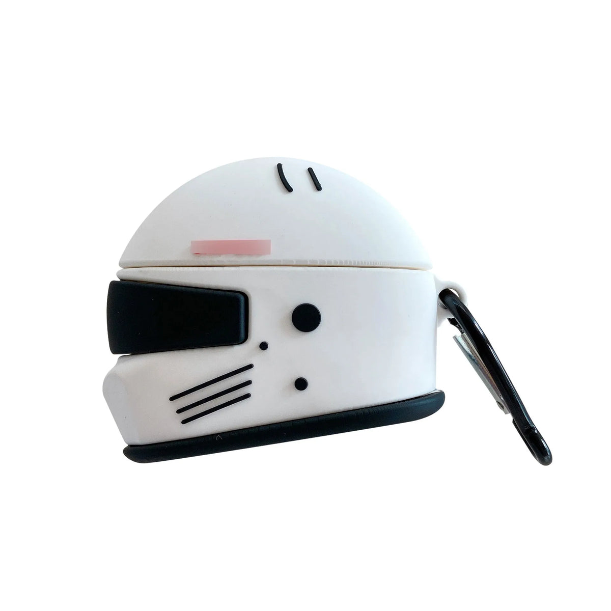 Silicone AirPods cover with motorcycle helmet shape, carabiner, and geometrical pattern, for AirPods Pro and AirPods 1/2.