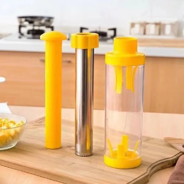 Yellow ABS plastic corn stripper tool with stainless steel mechanism measuring 27cm high