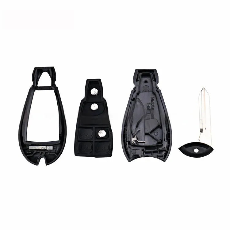 Black plastic Dodge Chrysler smart key replacement shell case showing dimensions and model codes B01-B11