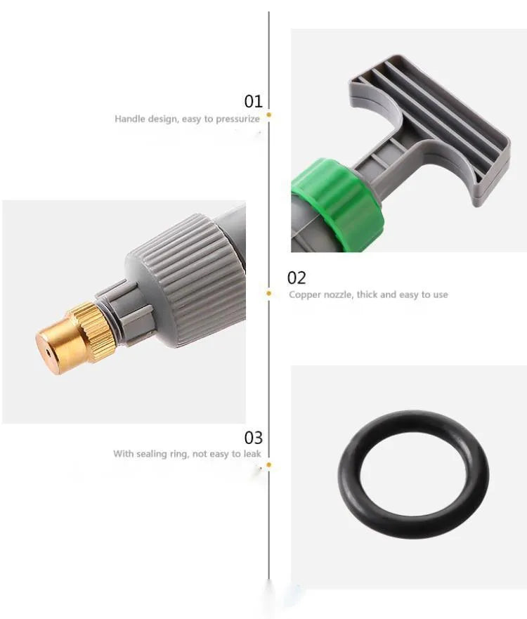 Plastic watering sprayer nozzle with extension tube attached to a large clear beverage bottle.