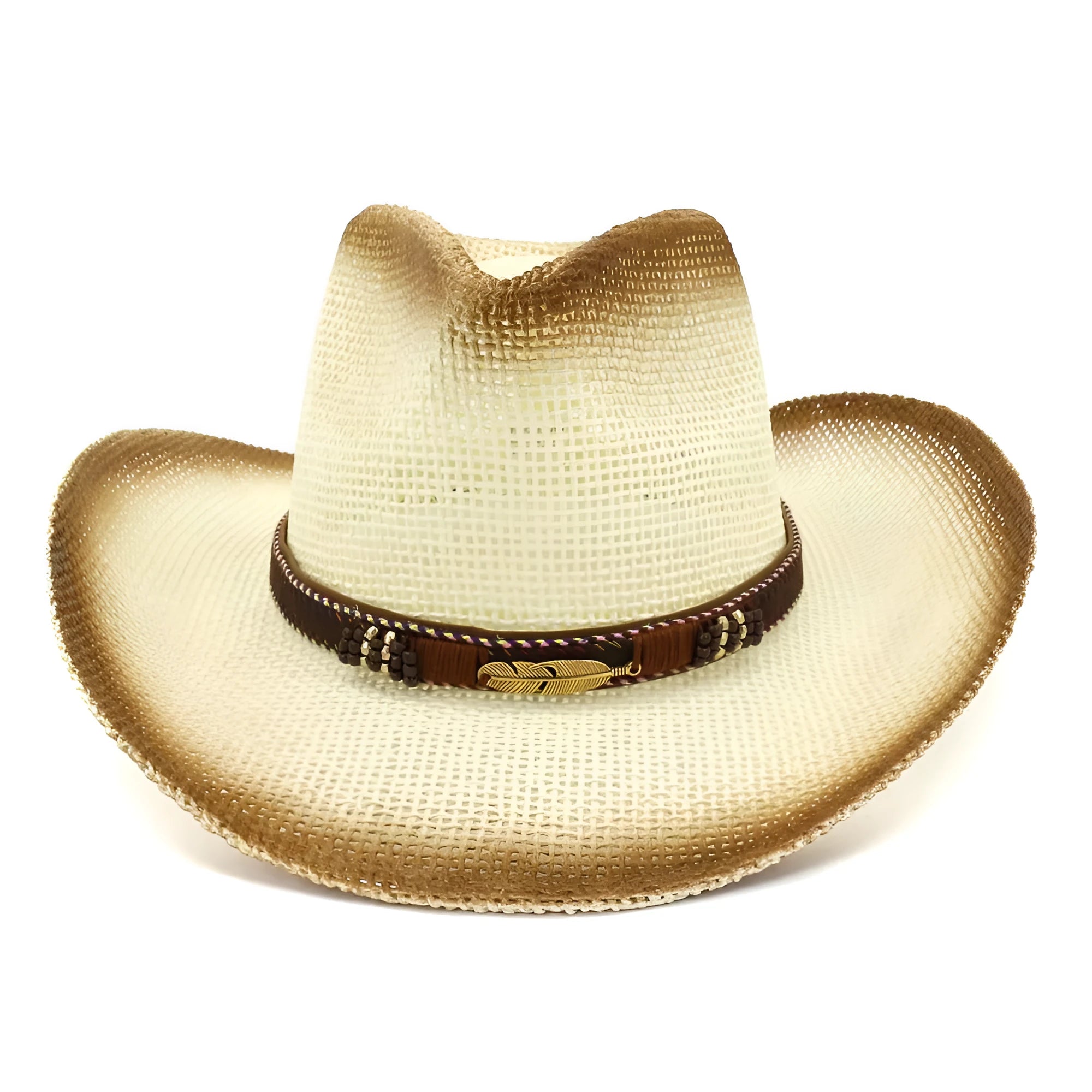 Paper straw cowboy beach hat with bell crown in khaki colour on neutral background