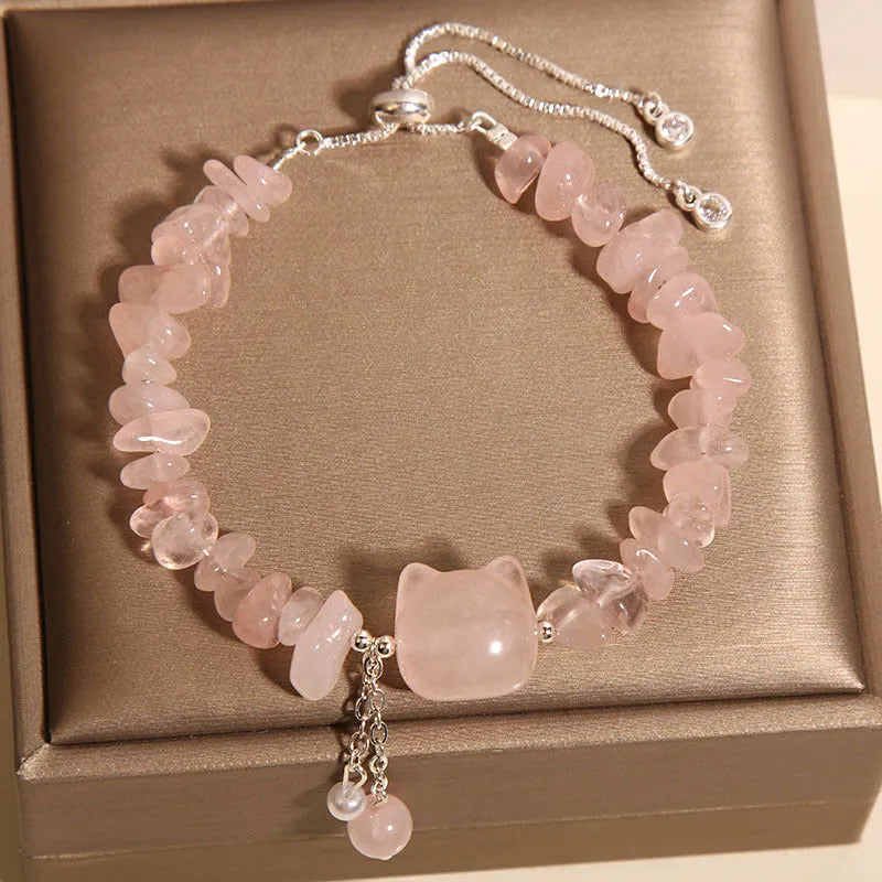 Crystal gravel kitten bracelet for women in pink crystal stone beads, light luxury style