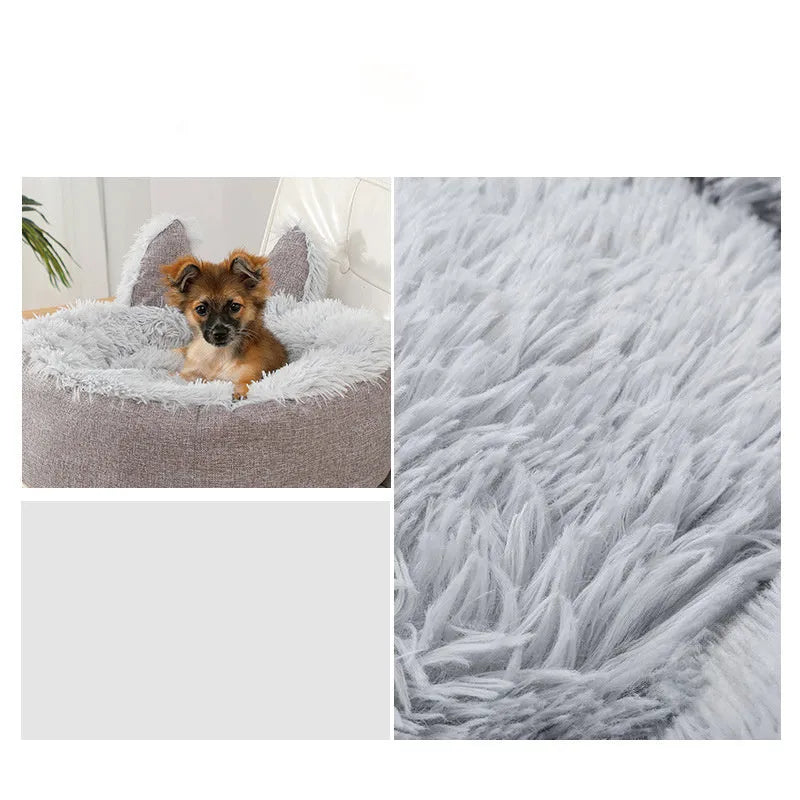 Round plush faux fur cat bed with raised sides in blue colour showing soft texture