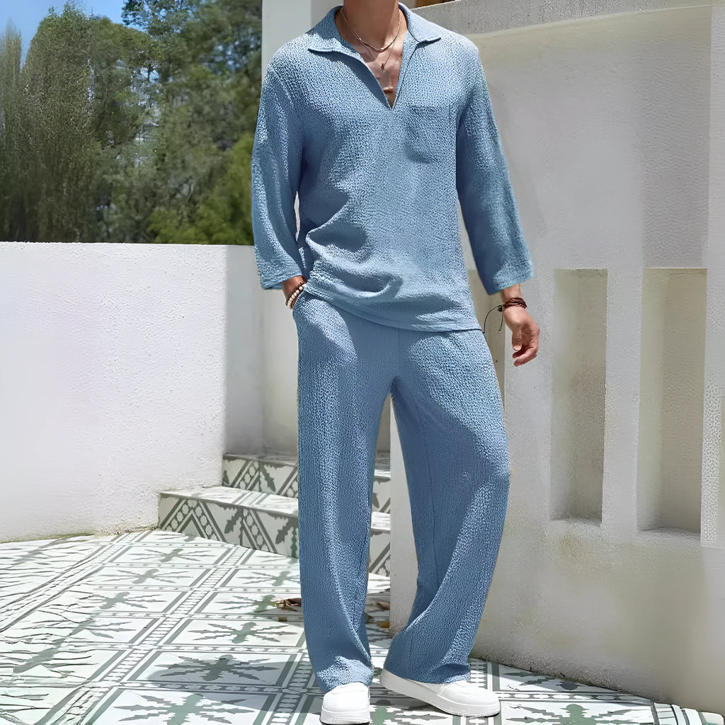 Men's casual shirt and trousers set in a choice of colours including lake blue and khaki.