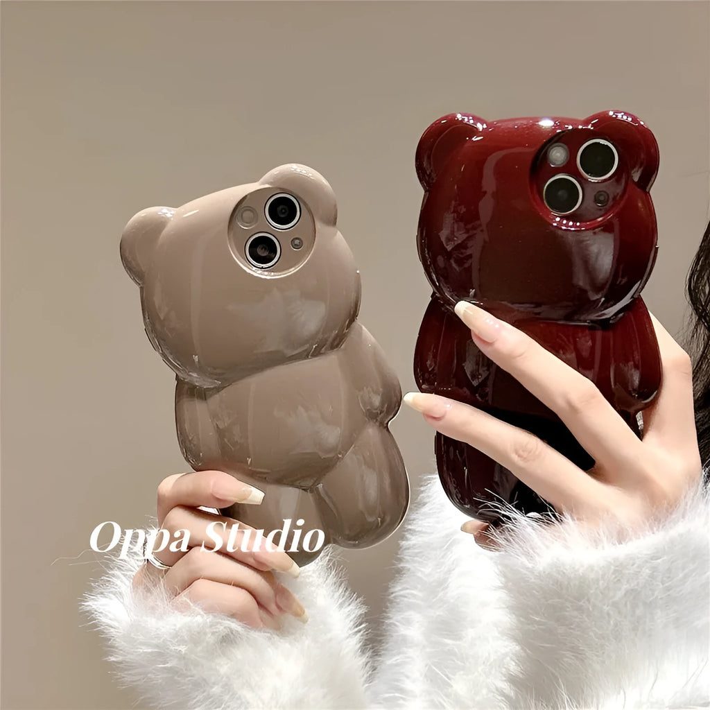 Silicone anti-fall phone case with cute three-dimensional bear design for iPhone, khaki colour