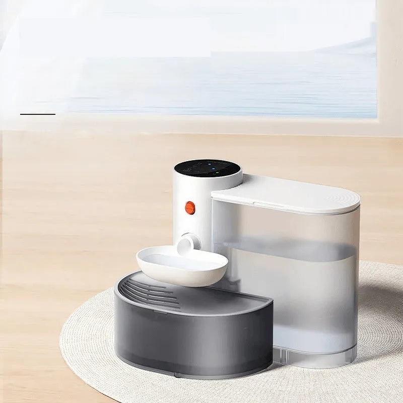 Dump Cat rechargeable automatic water fountain for pets, white with stainless steel bowl, showing 3L capacity.