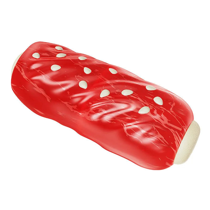 Primary colour plastic molar rod dog toy with textured surface and hollow centre.