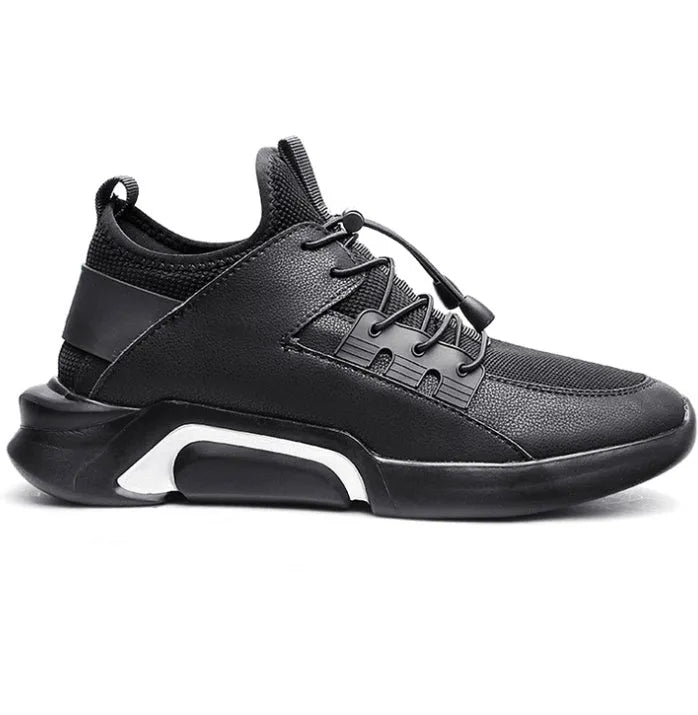 Men's black breathable mesh running shoes with non-slip PU sole, low heel, side view