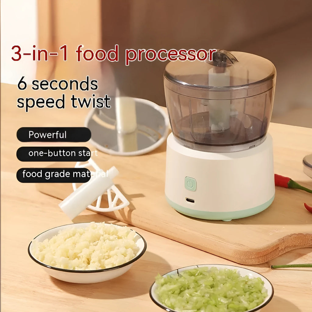 Mini electric meat grinder in white or light green with transparent 225ml cup and stainless steel blades