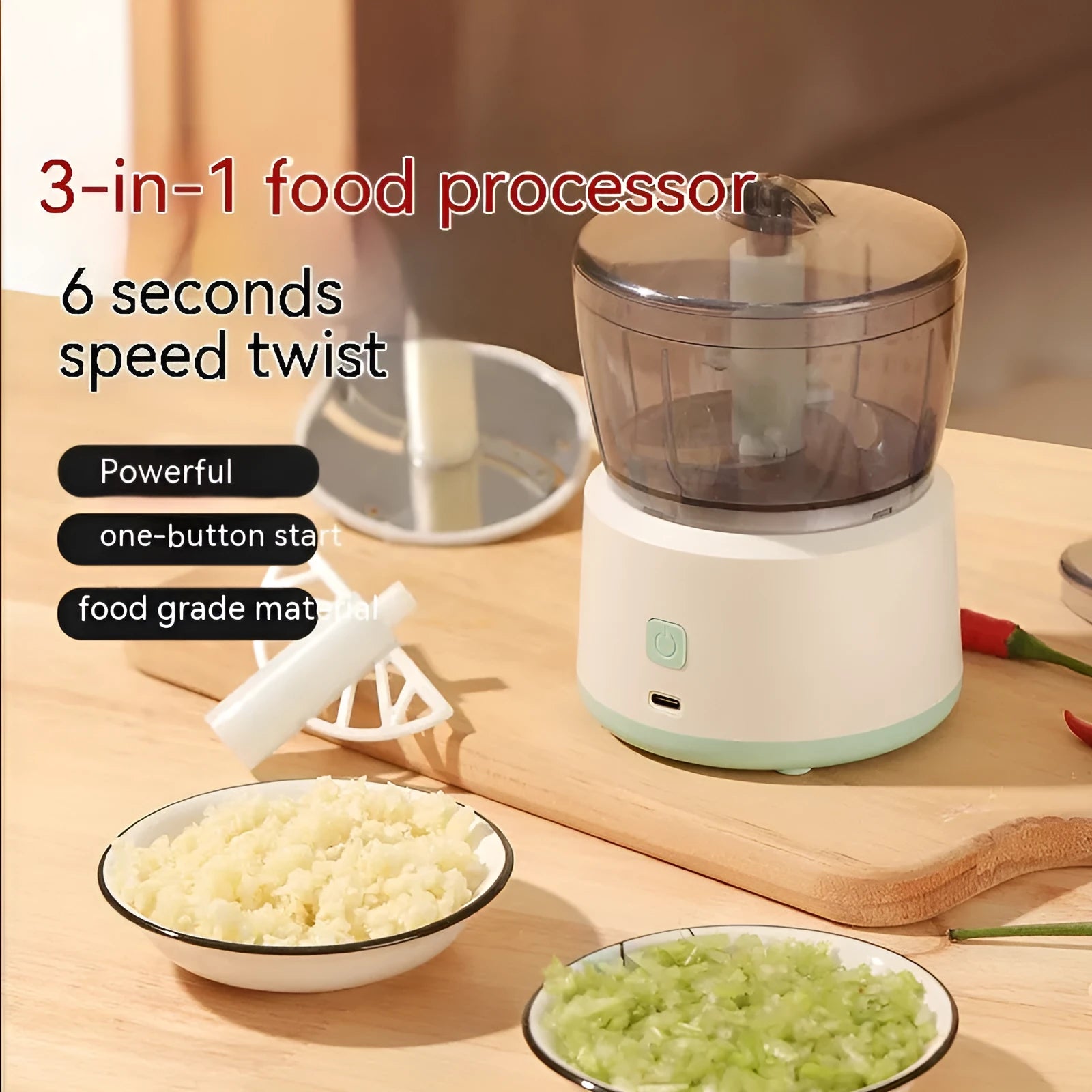 Mini electric meat grinder in white or light green with transparent 225ml cup and stainless steel blades
