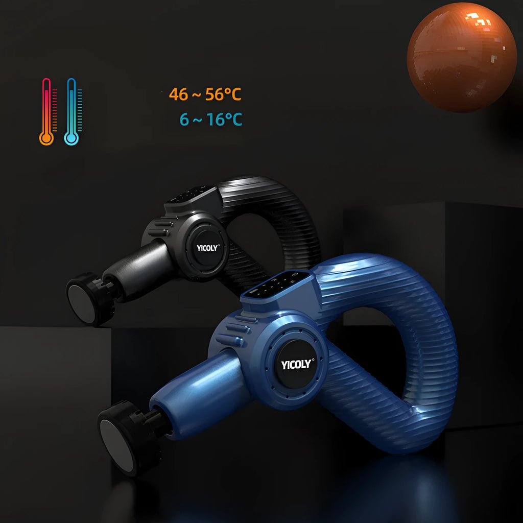 Black smart muscle massage gun with five different attachment heads on a grey background.