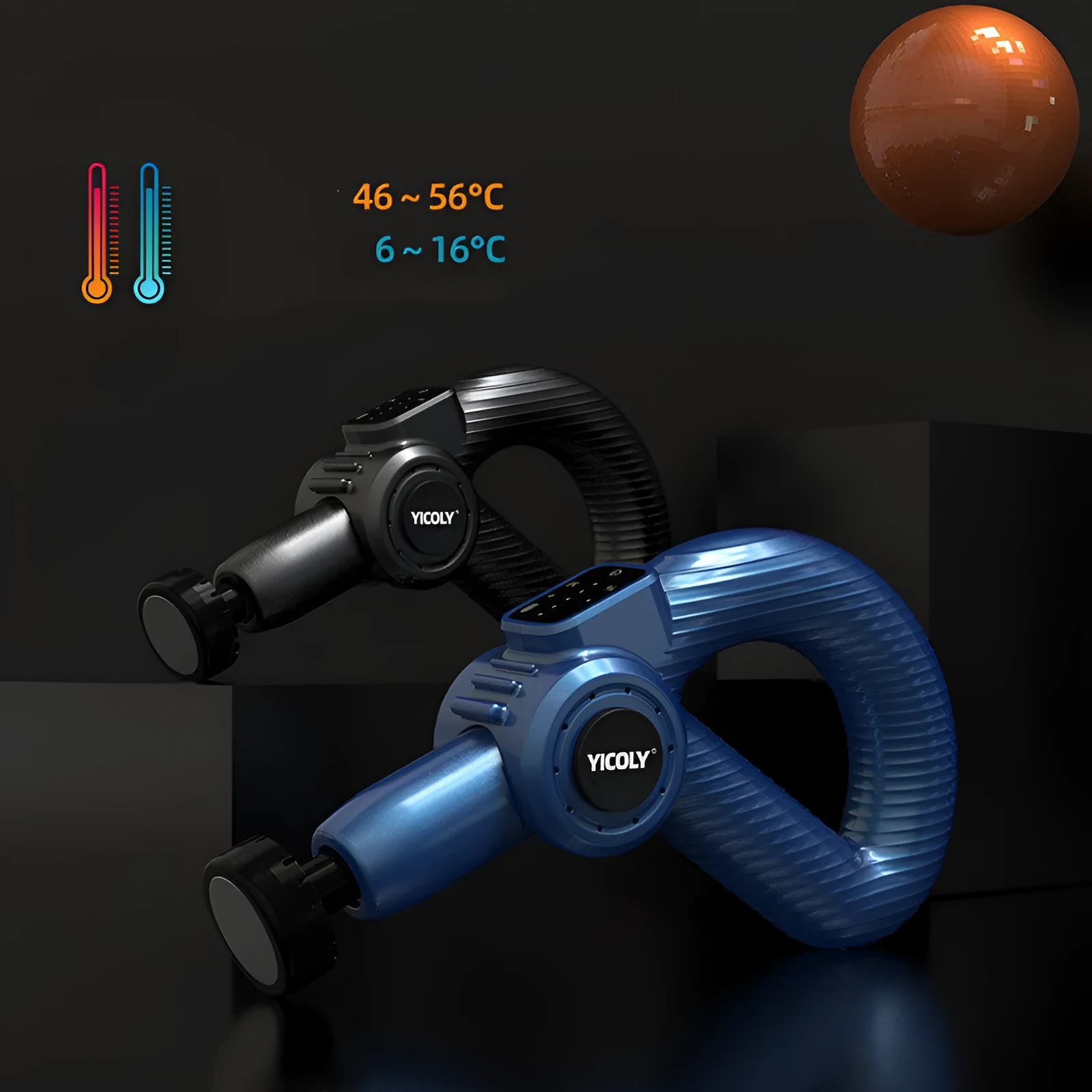 Black smart muscle massage gun with five different attachment heads on a grey background.