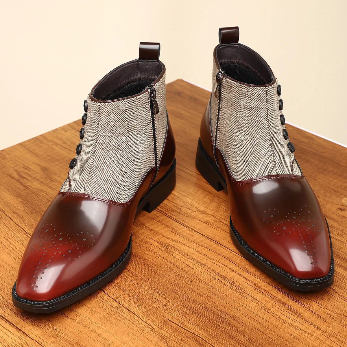 Brown retro men's formal shoe with side zip, square toe, and low square heel on a plain background.
