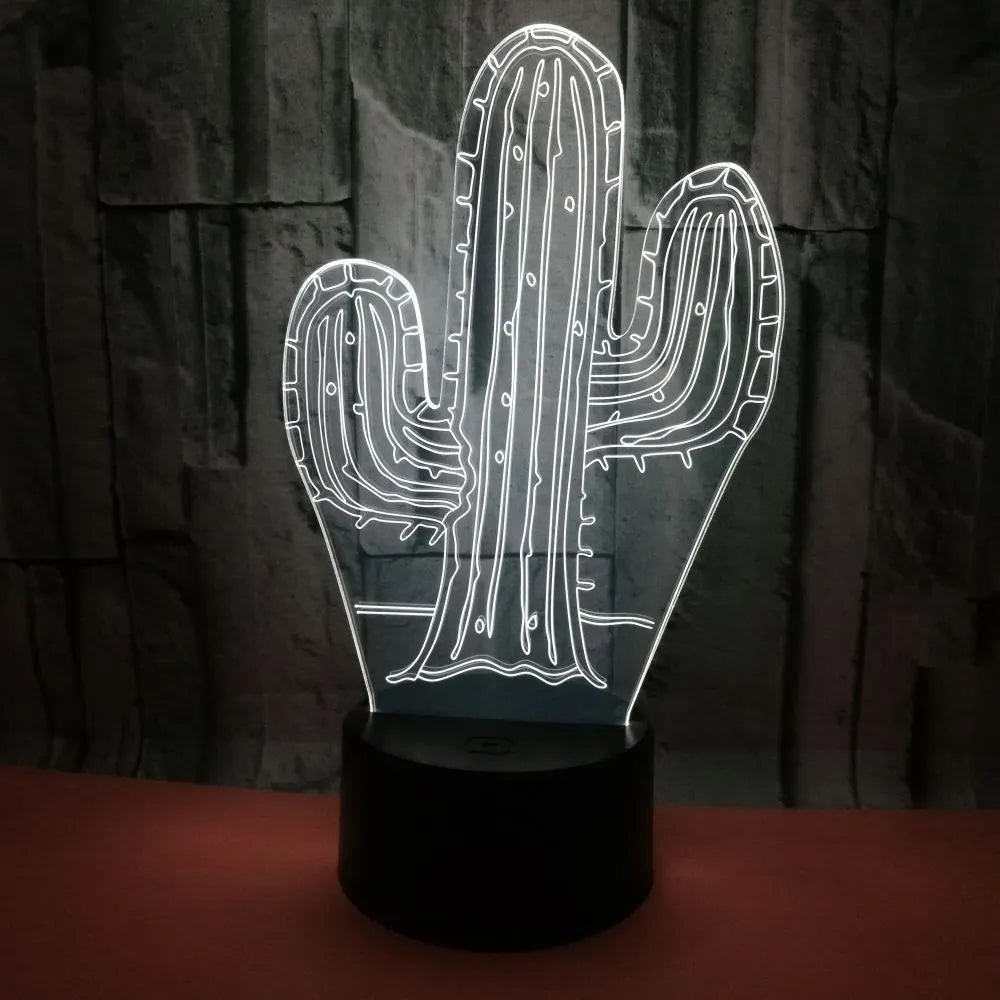 Cactus 3D night light with touch button, 7 colour LED, USB or AAA battery power, 87x87x42mm base