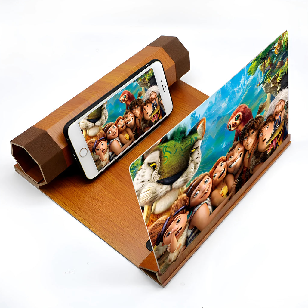 Wood grain phone amplifier stand on a table holding a mobile phone.