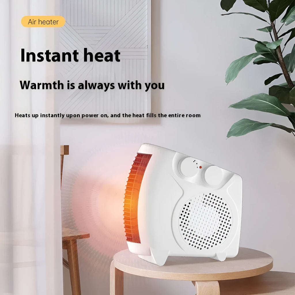 White vertical tower electric heater on a wooden desktop