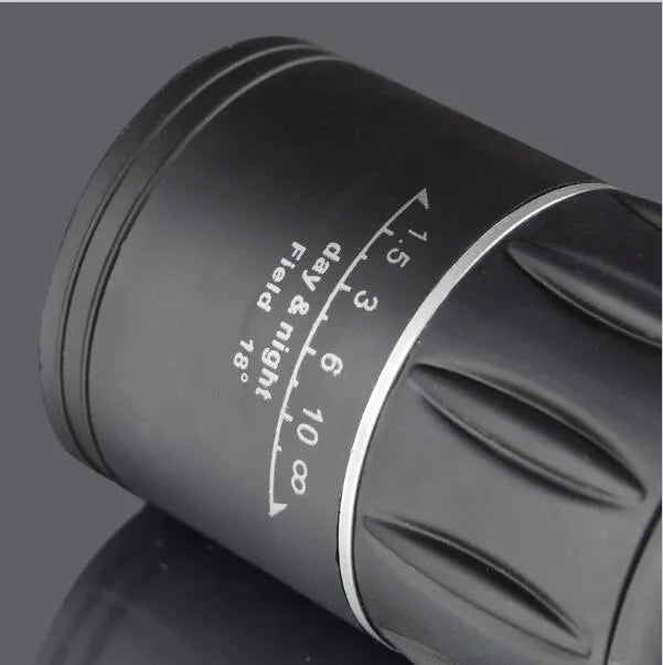 Black 16x52 high-power monocular with 52mm objective lens and eyepiece focus ring.
