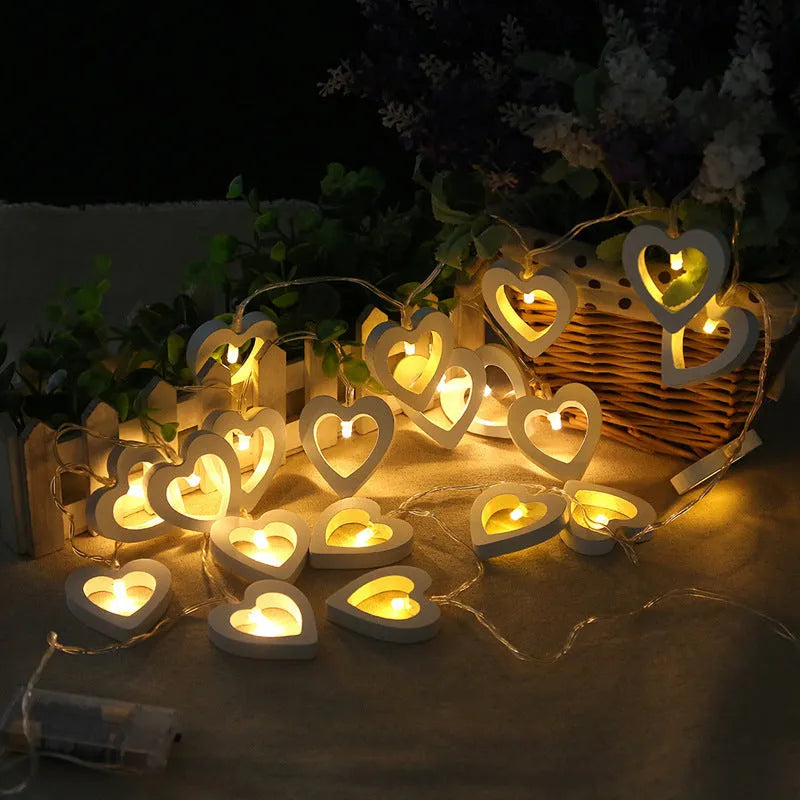 Wooden love lantern string lights in warm white, 1.5m and 3m lengths, battery box or USB powered