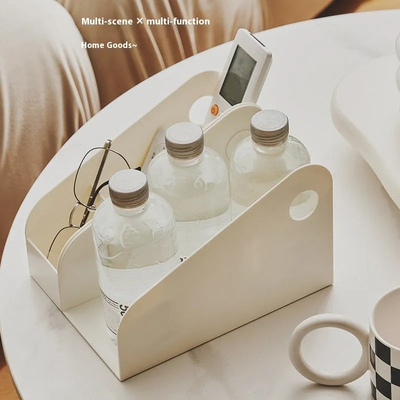 Two-layer plastic desktop storage box in milk coffee colour measuring 14.5x17x22cm