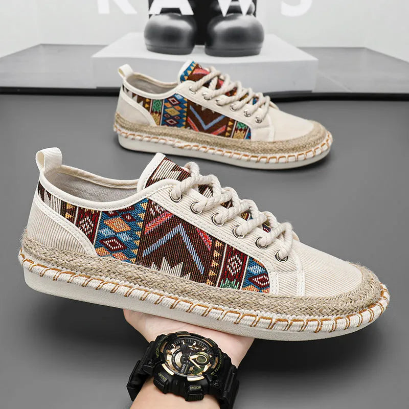 Men's casual summer shoes in breathable cloth with round toe design in black or beige