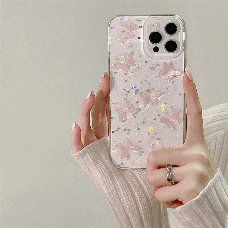 TPU back cover for iPhone 13 Pro Max with 3D dream pink butterfly design, transparent glue base, slim profile