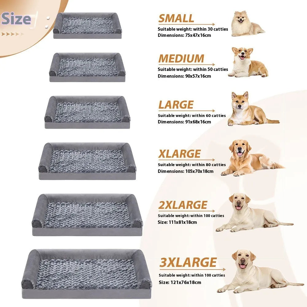 Grey U-shaped velvet dog sofa bed with removable washable cover and sponge insert