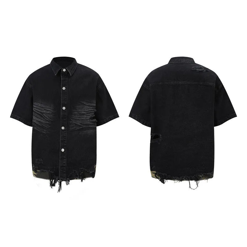Black denim short sleeve jacket and shorts set with leopard print and cut edge stitching.