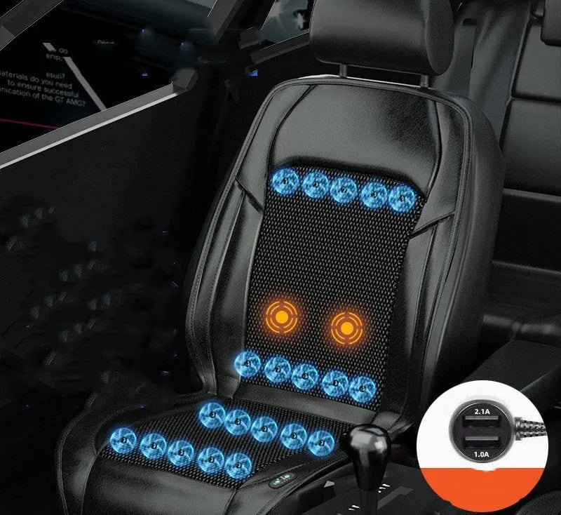 Brown ventilated car seat cushion with multiple cooling fans, plugged into a 12V cigarette lighter socket.