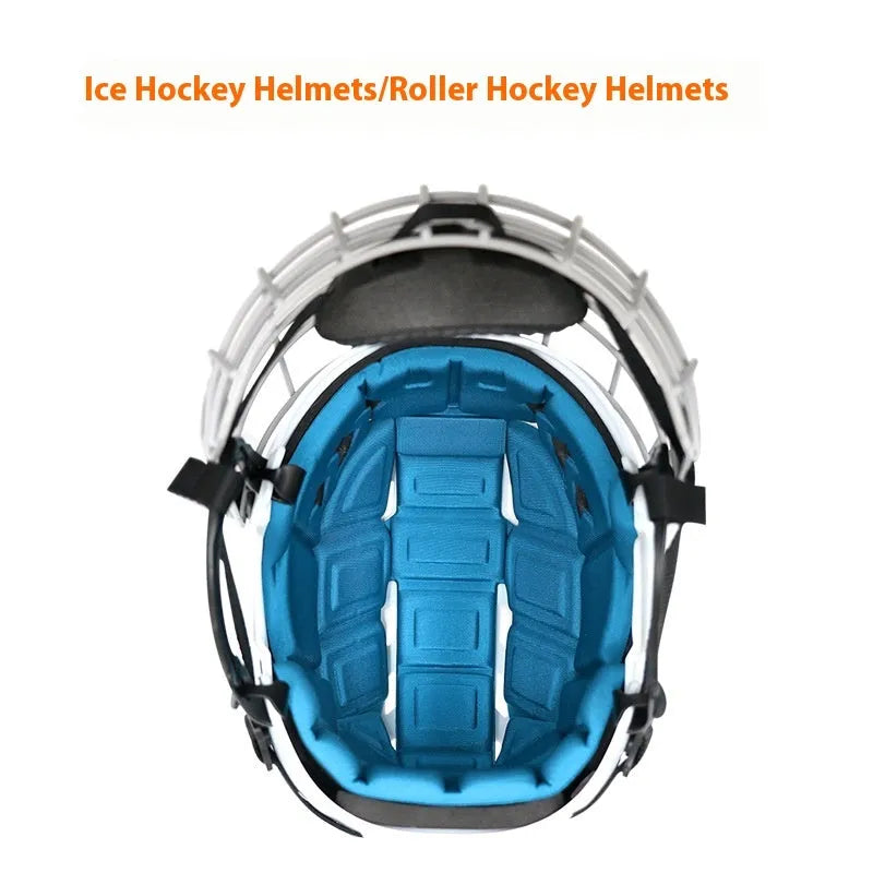 Ice hockey helmet with a carbon steel face mask, shown in a size option, displaying its PP shell and EVA lining.