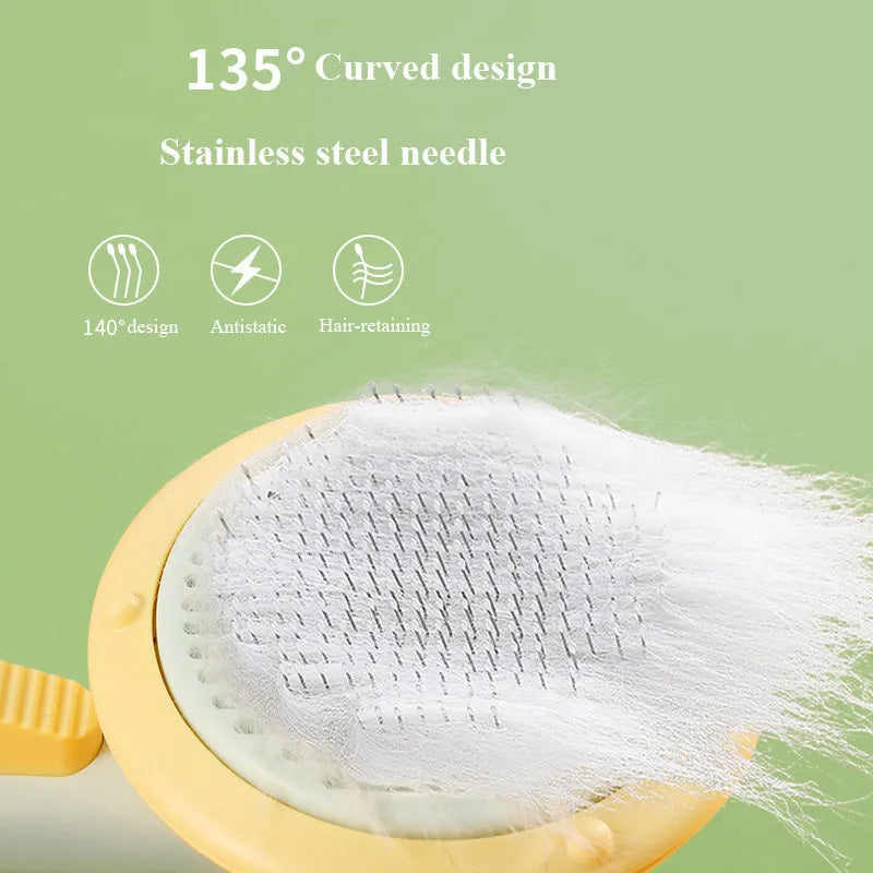 Pet grooming brush with curved steel wire teeth in white or pumpkin colour for cats and dogs