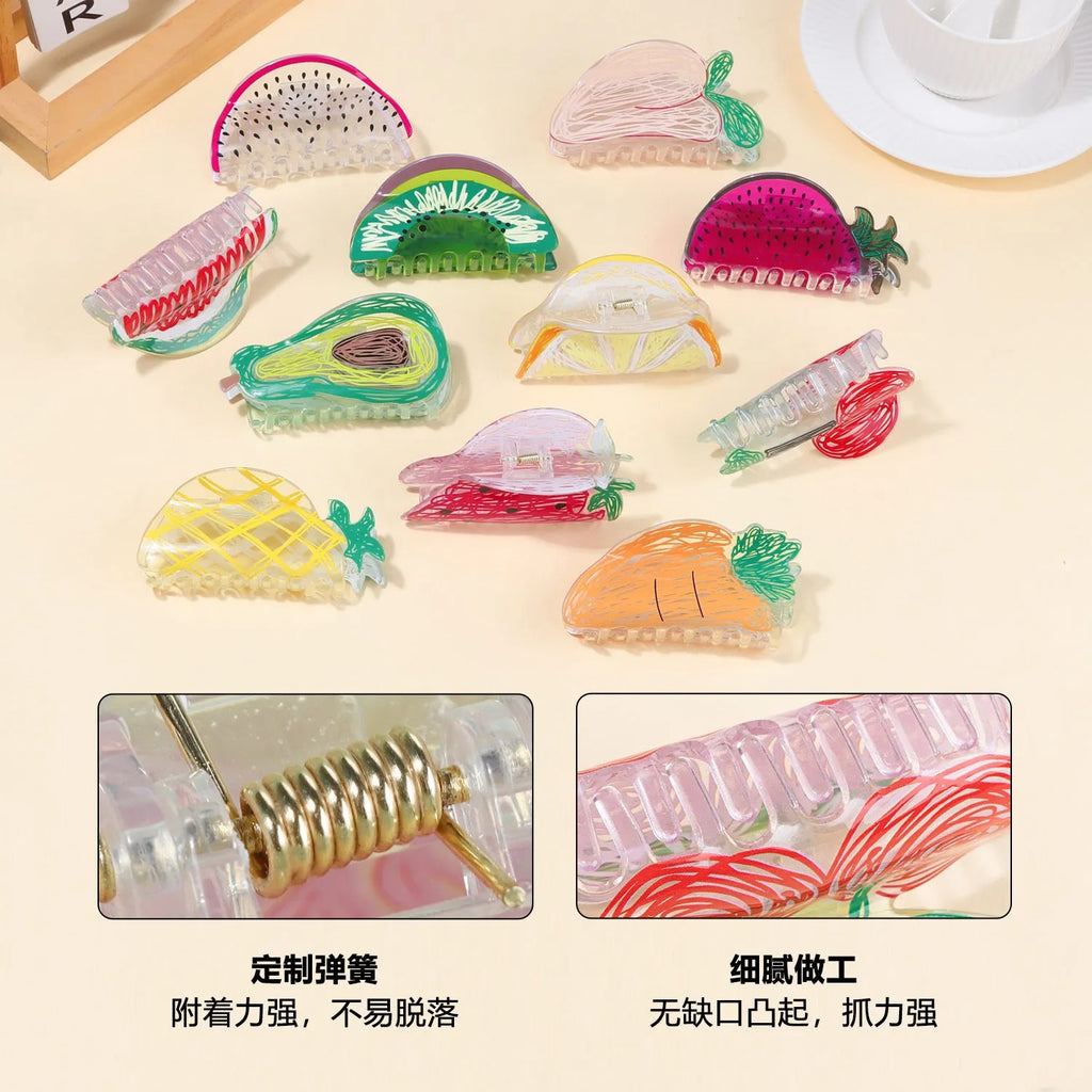 Transparent PVC hair clip with fruit design in asymmetric shape, available in 12 colour options A28