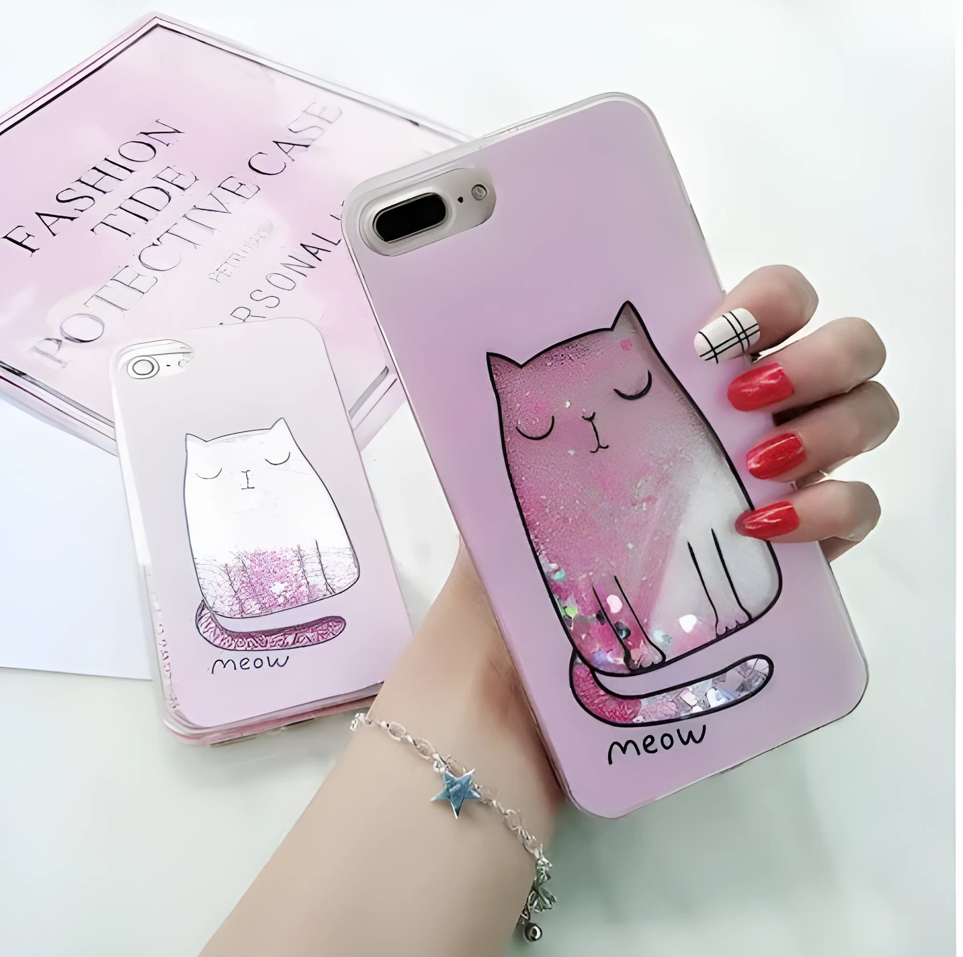 Four glittery cat design phone cases for iPhone models 6 through to X on a white background.