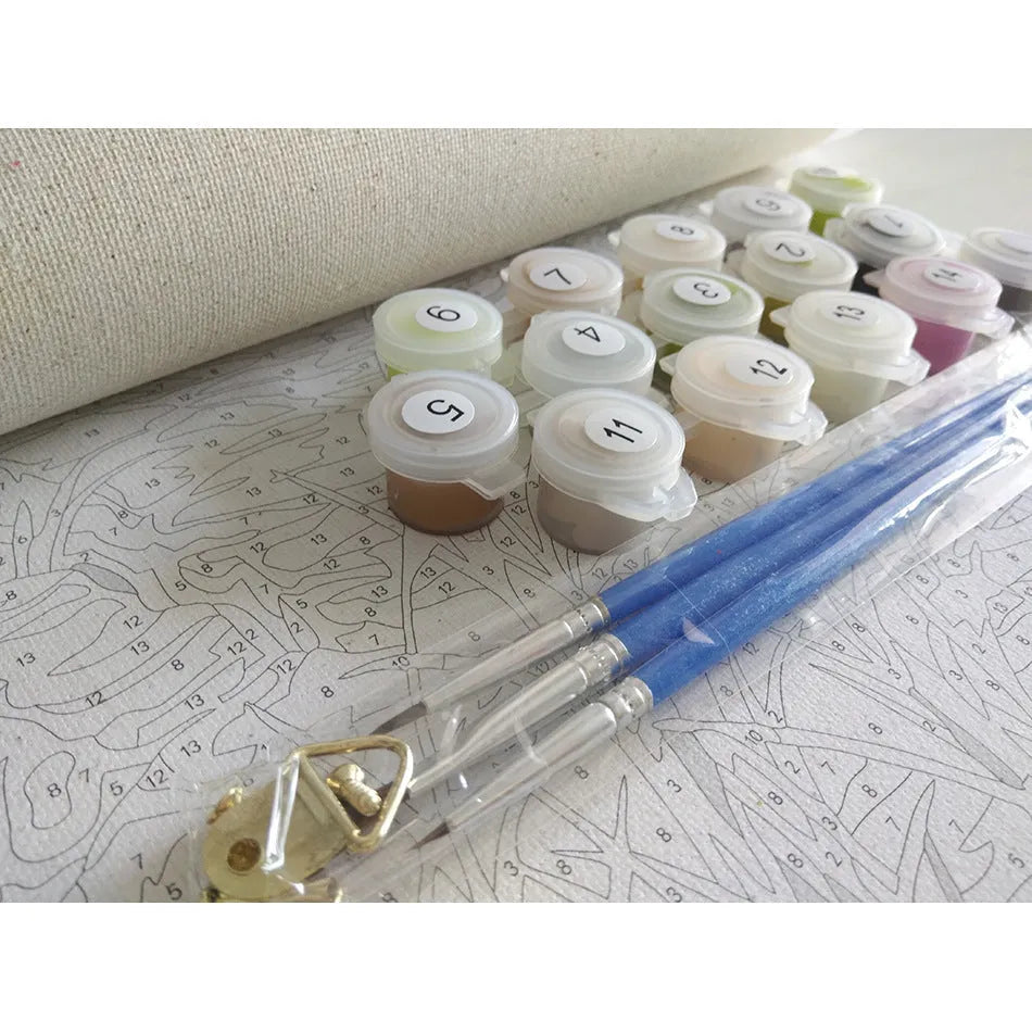 Paint by numbers kit showing 40x50cm linen canvas with landscape design, acrylic paints, and optional wooden frame